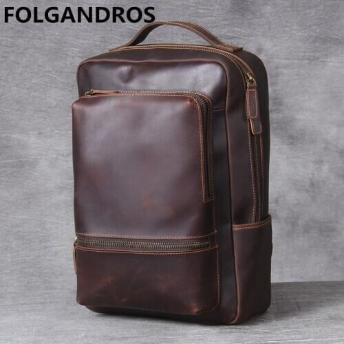 DHL Free Shipping Mens Genuine Leather Backpack Calssic Handmade Laptop Schoolbag Male Crazy Horse Leather Vintage Shoulder Bag