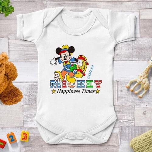 Newborn Clothes Baby Boy Girl Sports Mickey Happy Time Printed Jumpsuits Bodysuit Harajuku Cartoon Kawaii Infant Rompers
