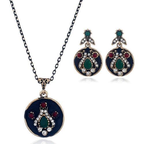 PAGlisten 2017 Bohemian Vintage Turkish Jewelry Rhinestone Pendant Necklace Stud Earrings Set Charm Sexy Ethnic Collar Necklace