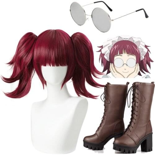 Black Butler Mey Rin Burgundy Synthetic Hair For Female Party Cosplay Full Wigs With Chip Ponytails Halloween wig shoes glasses