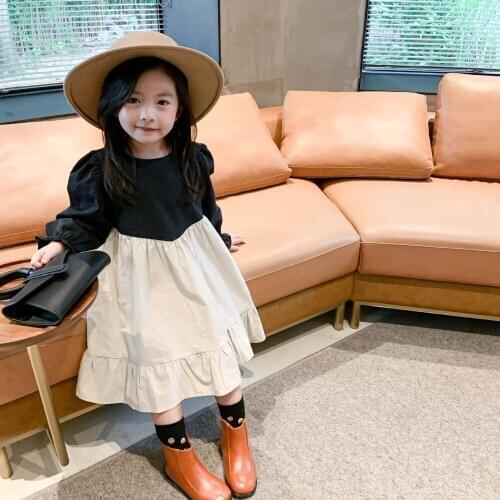 Spring Autumn Korean Style Girls Black White Patchwork Dress Autumn New Puff Sleeve Kids Princess Dress Children Party Clothes