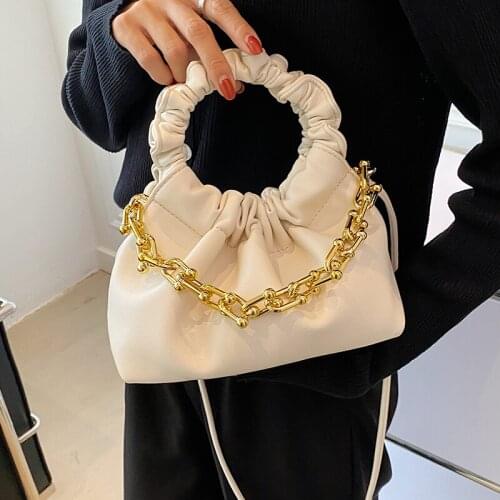 Simple Chain Shoulder Bags for Women Small White Tote Messenger Bag Ladies Solid Color Pleated Handbags Chic Tote Crossbody Bags
