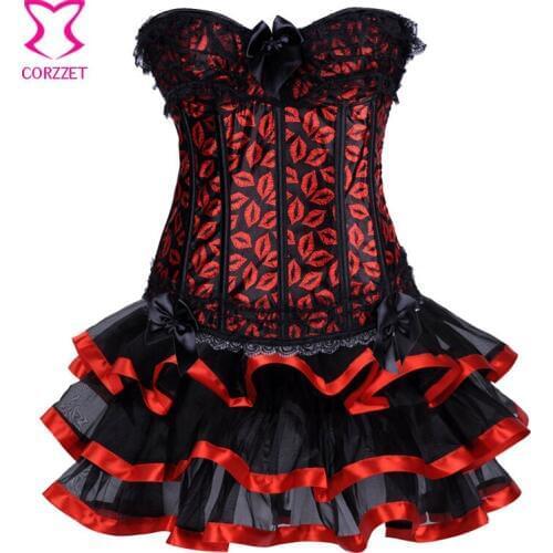 Sexy Red Lip Print Overbust Corset Tutu Skirt Outwear Set Lolita Style Bustier Dress Burlesque Corselet Skirt Gothic Clothing
