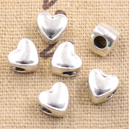6pcs 8x7x9mm Heart 3.5mm Big Hole Bead Charm Fits Antique Silver Color Charm Bracelets Wholesale
