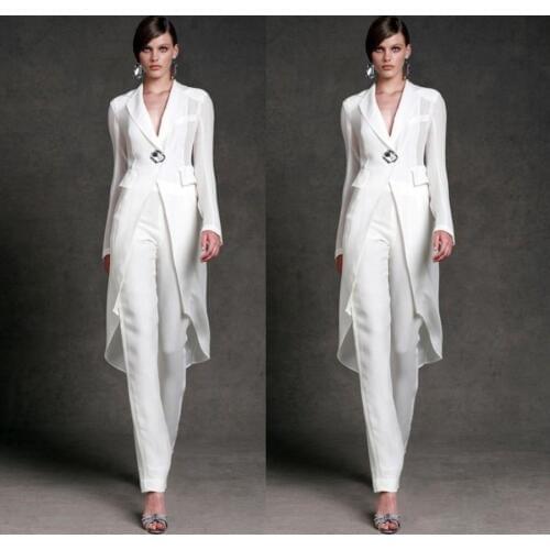 Modest Chiffon Mother of the Bride Dresses Pants Suits V-Neck Long Sleeves Evening Gowns Ankle Length Mother of the Bride Suits