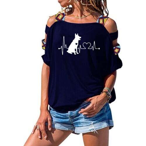 100% Cotton plus size Summer German Shepherd Dog Heartbeat Print T Shirt Women tops Fashion Girl Sexy Hollow Out Shoulder Tee