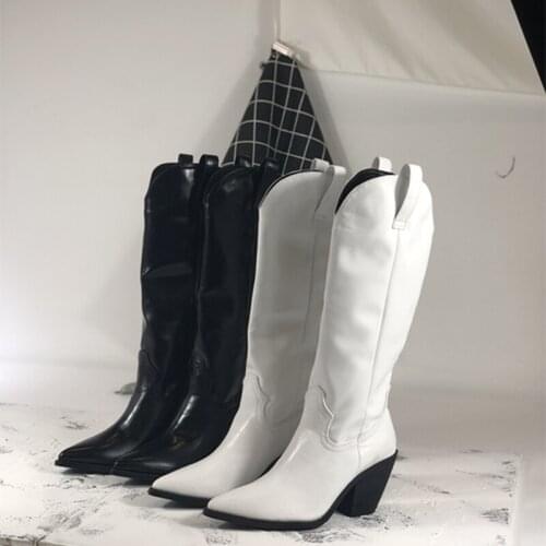 Fashion Embossed Microfiber Leather Women Ankle Boots Pointed Toe Western Cowboy Boots Women Mid-Calf Chunky Wedges Boots Runway