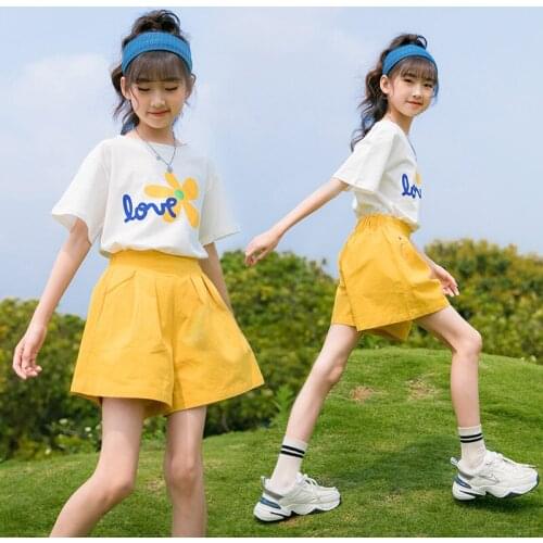 5-12 Years Children Girls Clothes Set Flower Print T-Shirt + Short Loose Pants Summer Cotton Fashion Yellow Outfit