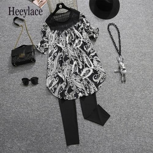 Plus size women Summer two piece set for women Hook flower hollow print patchwork oversized chiffon top and black Leggings suits