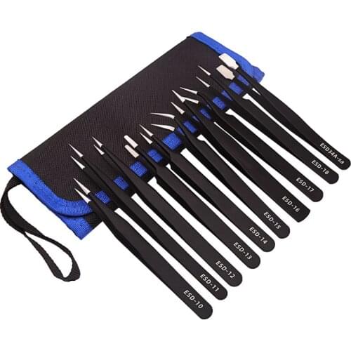 10Pcs/9Pcs Anti-static ESD Tweezers Electronics Stainless Steel Tweezers Curved Straight Repair Tool Sets Industrial Tweezers