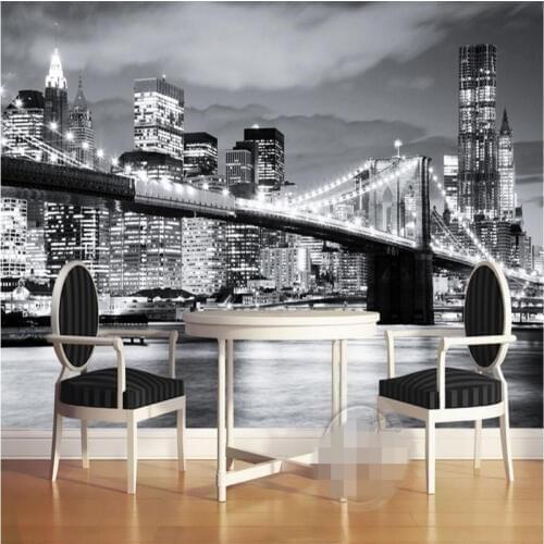 Beibehang 3d Wallpaper Mural Wall Sticker New York Bridge Europe and America City Scenery Black and White Landscape Mural
