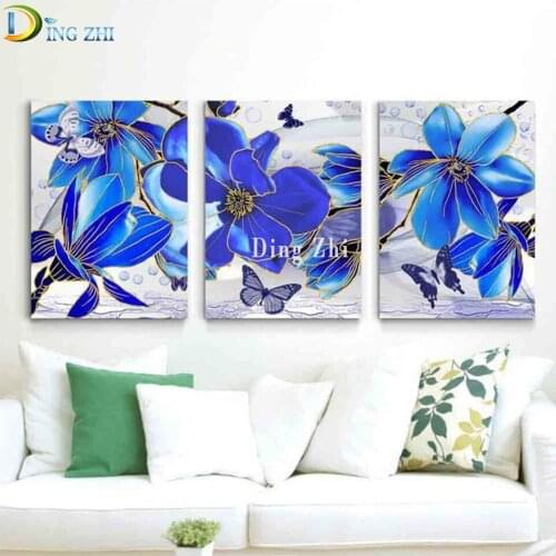 5D Diamond Painting Nordic Plant Blue Flower Still Life Wall Art Home Decor Diamond Embroidery Cross Stitch Mosaic Triptych Kit