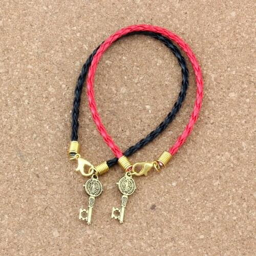 2pcs/lots leather bracelet Antique gold Saint Benedict Medal Cross Key Religious Charms Pendants Bracelet(red & black) B-351