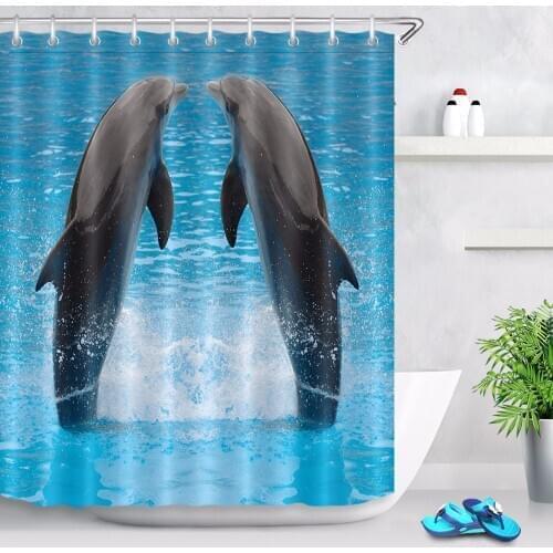 72'' Jumping dolphin twins in Aquarium Bathroom Fabric Shower Curtain Waterproof Polyester Curtain Sets & 12 Hooks