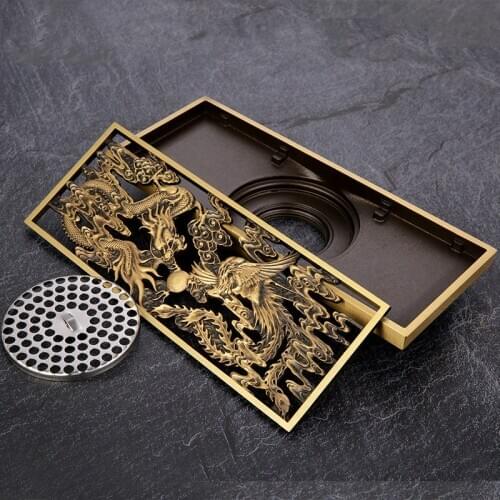 8.2x20cm Antique Brass Dragon And Phoenix Engraved Bathroom Shower Deodorant Square Floor Sewage Floor Drain