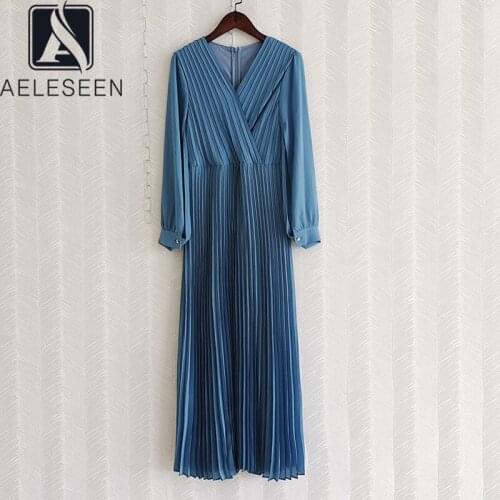 AELESEEN Runyway Fashion Women Long Dress 2021 Spring Autumn Full-Sleeve Split Sexy V-Neck Blue Long Pleated Party Dress