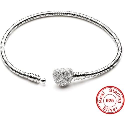 Handmade Original 925 Solid Silver Snake Chain Bracelet Secure Heart Clasp Beads Charms Bracelet For Women DIY Jewelry Making