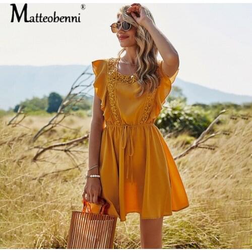 Floral Lace Mini Dresses Backlesss A Line Dress Patchwork High Waist Dresses Ruffles Square Neck Solid Color Plus Size Dress