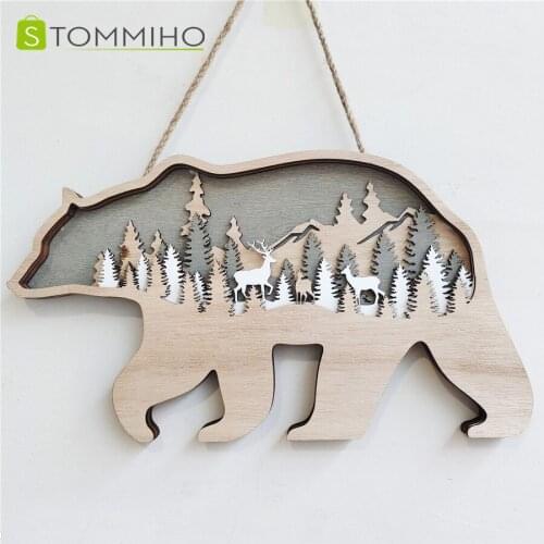 STOMMIHO Woodcarving Craft Forest Animal Bear Deer Hanging Decorations Ornaments Home Wall Art Decor Christmas Birthday Gift