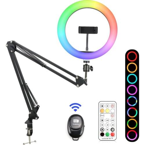 10inch/26cm RGB Colorful LED Ring Light With Long Arm Holder Stand Ringlight With Remote Control For Vlog Short Video YouTube