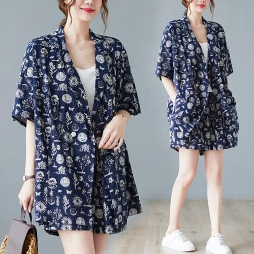 Summer Print Shorts Co Ord Set Womens Large Size Retro Slub Cotton And Linen Slimming Suit Jacket Shirt Two Piece Outfit L07