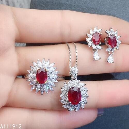 KJJEAXCMY fine jewelry natural ruby 925 sterling silver women pendant necklace chain earrings ring set support test lovely