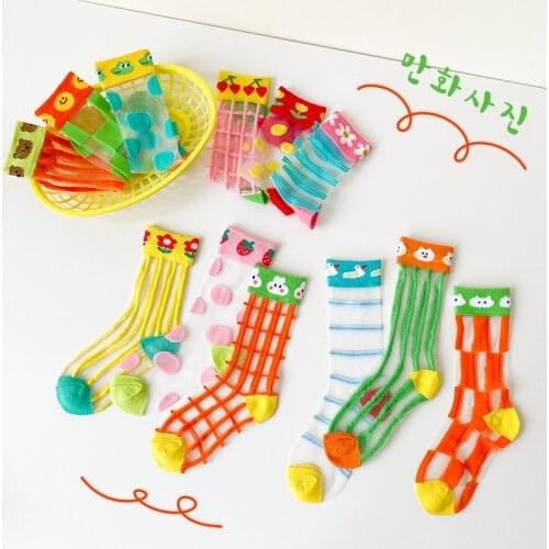 Korean 2021 New Summer Children Socks 3 Pairs/lot Baby Girls Cartoon Stripe Mesh Socks Thin Breathable Sports Socks for Kids