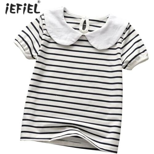 Summer Princess Girls Shirts Kids T-shirt Cotton Lapel Striped Casual Fashion School Girls Doll Collar Shirt Childrens Clothing