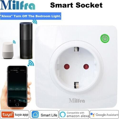 Milfra Wifi Socket Smart Power Plug Voice Phone Remote Control 16A 86*86mm EU Standard Wall Outlet for Alexa Tuya Smart Life App