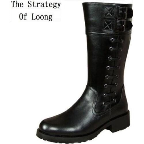 Men Genuine Leather Metal Buckle Mesh Inside High Equestrian Boots Motorcycle Botas Male Plush Inside Military Long Boots 191126