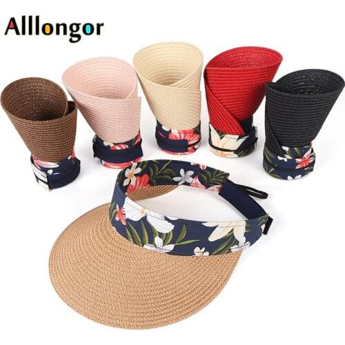 New 2021 Summer Sun Hat Women Beach uv Visor Cap Foldable Straw Hats viseira flower Print Holiday Outdoor Sunhat