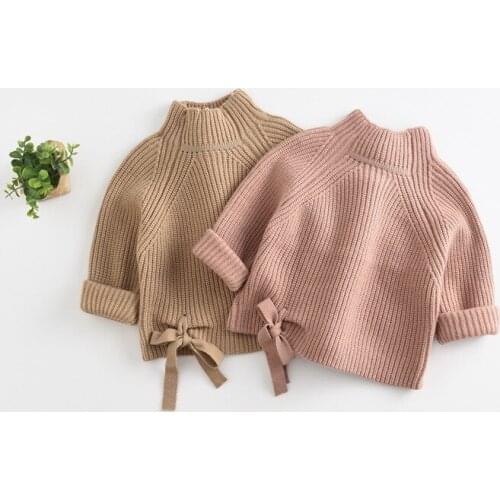 Baby New Solid Sweater With Bow Childrens Striped Clothing Cute Knitted Top Girls Winter Outfits Kid Fall 2021 O-Neck Clothes