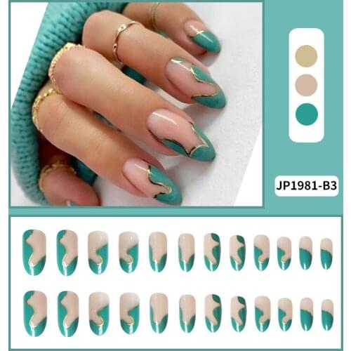 24pcs Mint Green Nail Patch Round Head Glue Type Removable Long Paragraph Fashion Manicure Save Time False Nail Patch SANA889