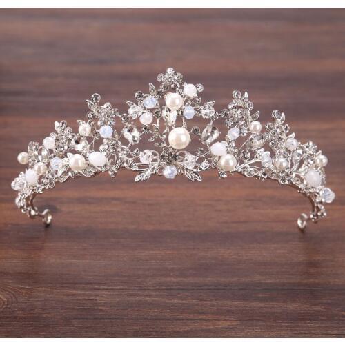 Silver Plated Flowers Crystal Pearl Big Wedding Crown Headband Bridal Tiara Party Show Pageant Hair Accessories