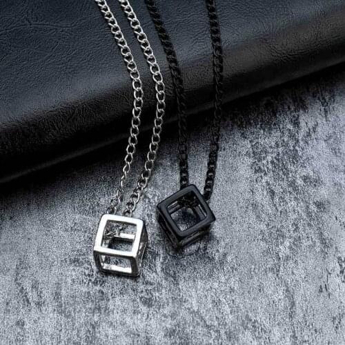 Retro Hollow Cube Pendant For Men Square Vintage Necklace Punk Geometric Collier Chain Pendant Necklace