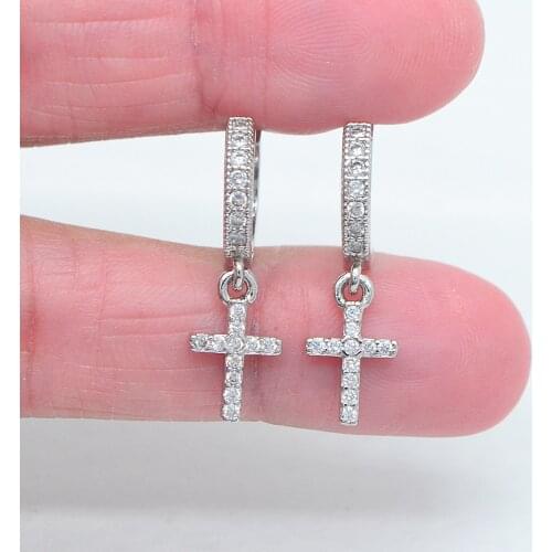 Fashion White Gold Color Women Clear Cubic Zirconia CZ Cross Dangle Huggie Earrings