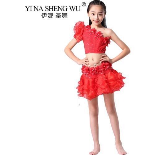 Dance 2Pcs Set Children Belly Dance Costumes Off-the-shoulder Top Bubble Skirt Summer Dance Practice Belly Dance Costumes Girls