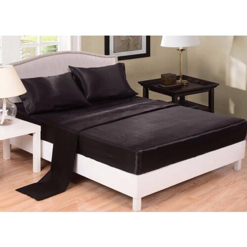 UNIKEA 3/4-pieces Satin Bed Sheet Set Solid Black 100% Polyester Twin Full Queen King Size ( Flat Sheet + Fitted Sheet + Pillowc