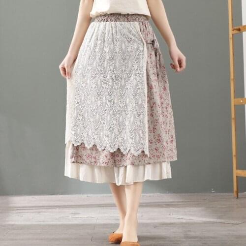 FairyNatural Women Retro Floral Lace Layers Skirt Plaid Mori Girl Elastic Waist Ladies Summer Autumn Loose Skirts