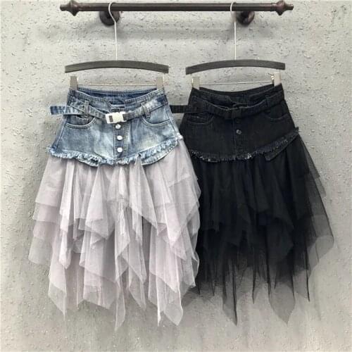 Punk Fashion Lady Mesh Spliced Adjustable Buckle Strap Pocket Street Skirts Black Blue Gothic Women Cool Denim Mini Skirt 2021