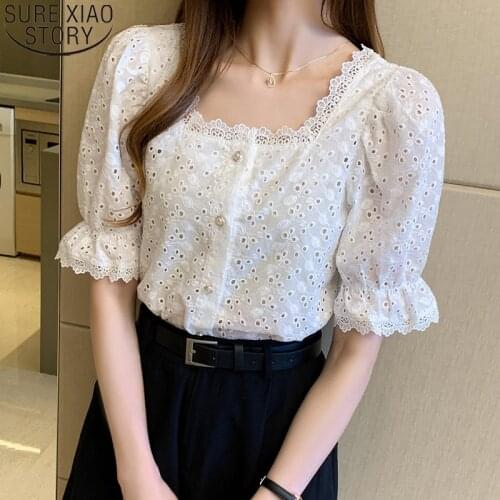 New Sweet Lace Shirt Women Square Collar Hollow Out Blouse 2021 Summer Korean Short Sleeve Fashion Elegant Clothes Blusas 13934