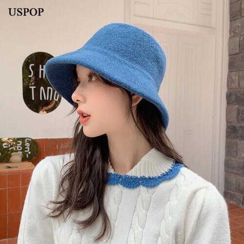 USPOP 2020 New winter 100% wool hats women solid color bucket hats thick warm bucket hats