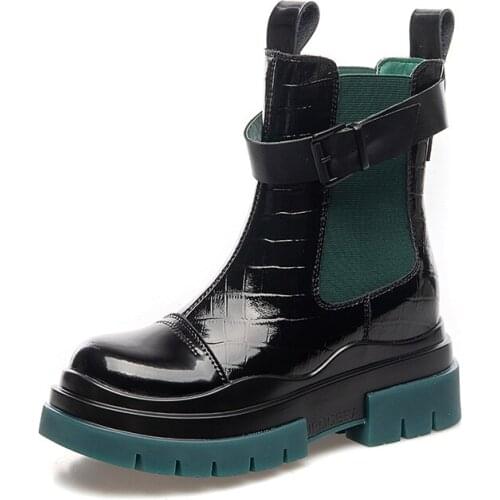 Womens Chelsea Boots Genuine Leather 2021 New Autumn Fashion belt buckle Womens Single Ankle Boots Retro Martin Boots Ladies