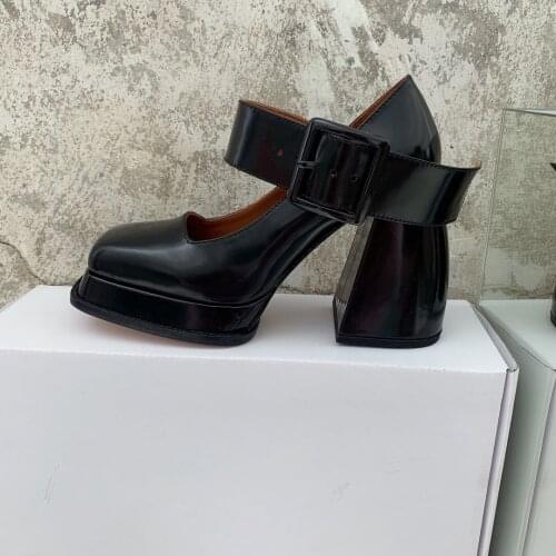 Women Pumps Square Toe Women Shoes Thick Bottom High Heels Buckle Strap Shoes Woman Waterproof Platform Pumps Genuine Leather