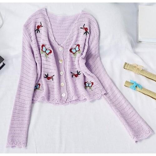 2020 New Arrival V Neck Women Knit Cardigans Korean Sweet Butterfly Embroidery Preppy Style Sweaters 2020 Thin Crop Top Outwear