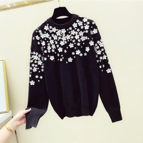 2021 Autumn new womens o-neck long sleeve luxury design 3D flowers beading knitted sweater tops pullover jumpers