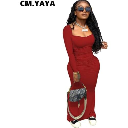 CM.YAYA Women Long Dress Solid Full Sleeve Square Collar Stretchy Skinny Bodycon Maxi Dresses Fashion Sexy Vestidos Autumn 2021