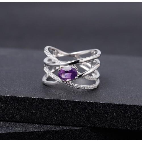 GEMS BALLET 0.81Ct Natural Amethyst Birthstone Band Ring 925 Sterling Silver Criss-Cross Ring For Women Anniversary Jewelry