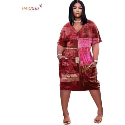 HAOOHU Stitching Short SleeveFashion Womens Wear Sexy Loose V-neck Faux Denim Printed Casual Dress with Pocket 2021 Summer