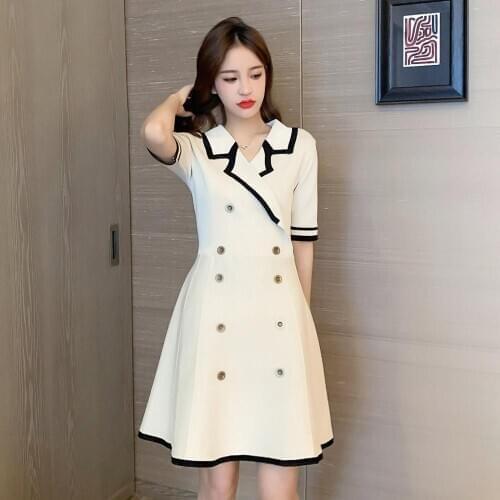 2020 New Fashion Knitting Women Dress Elegant Korean Summer Short Sleeve High Waist A-line Dresses Black White Female Vestidoes